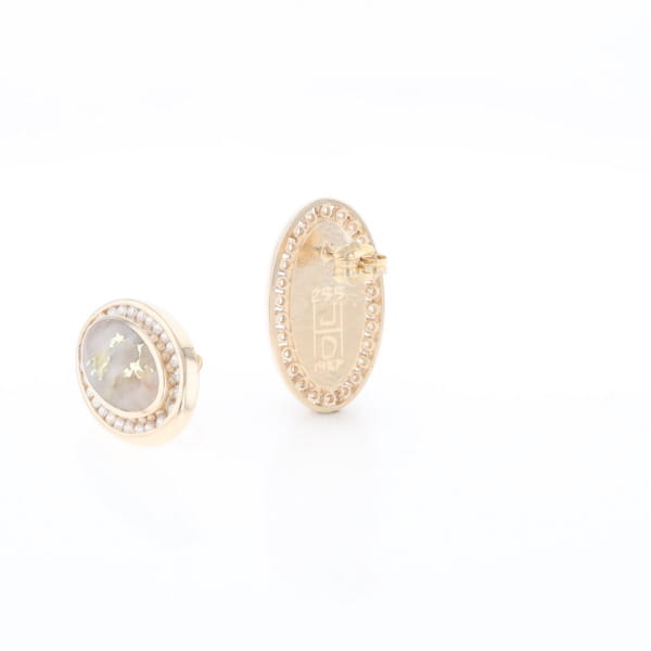 Gold Quartz Earrings Oval Inlaid Design .73ctw Round Diamonds Halo G2