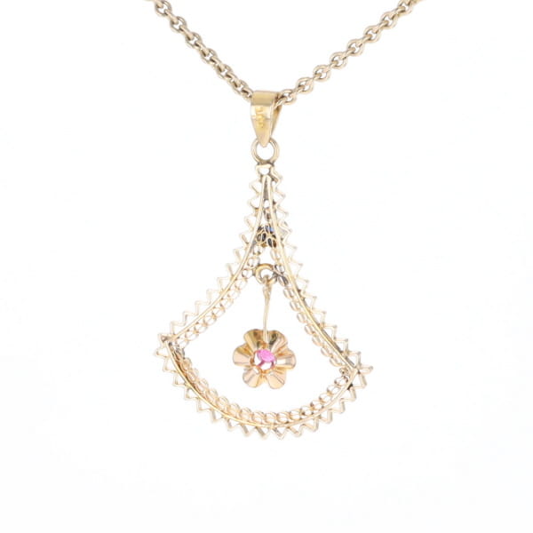 Vintage Buttercup Dangle Ruby Scrollwork Pendant