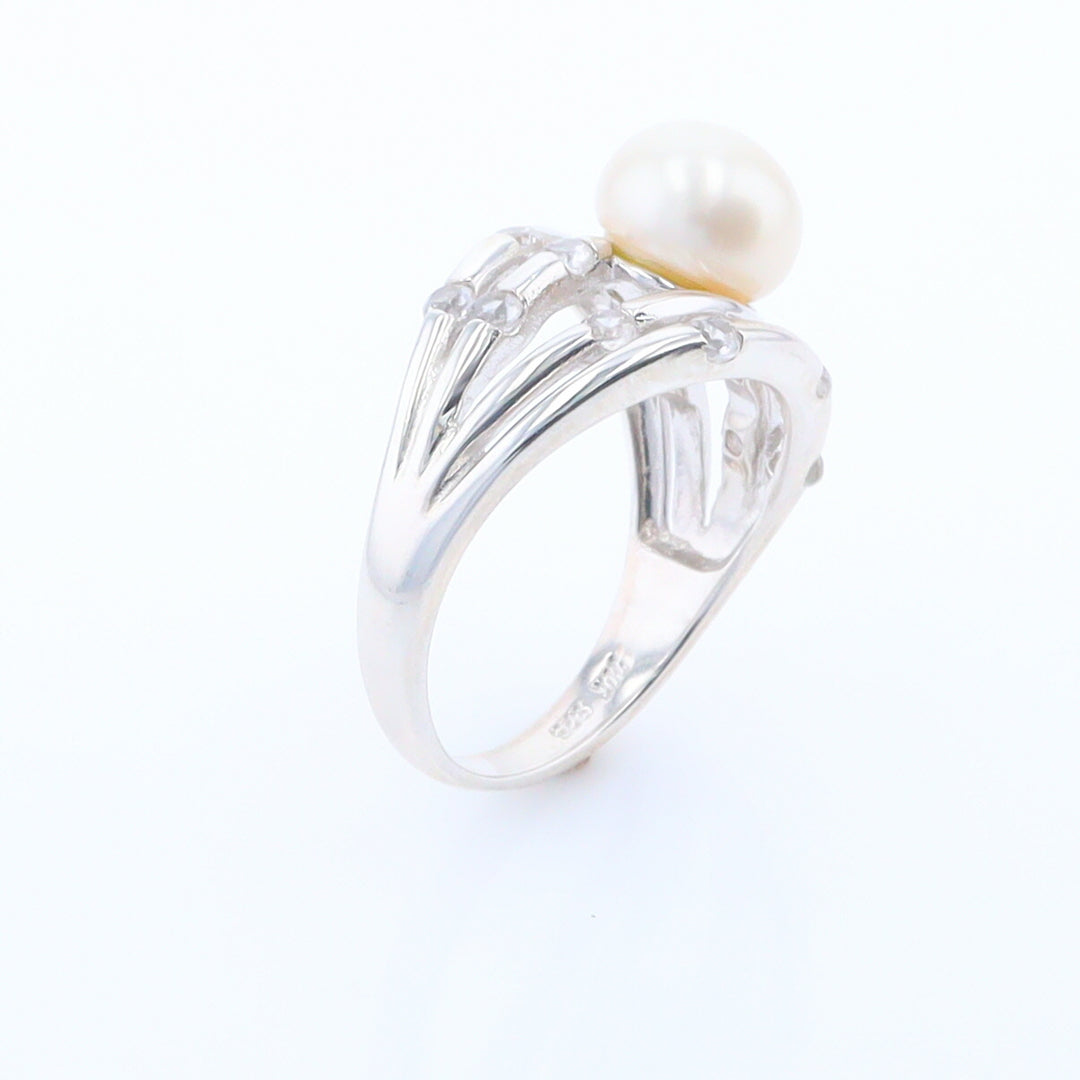 Pearl Bamboo Ring with Cubic Zirconia Accents