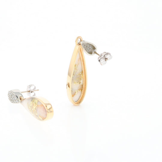 Gold Quartz Earrings, Tear Drop Inlaid with .22ctw Diamond Pave Design