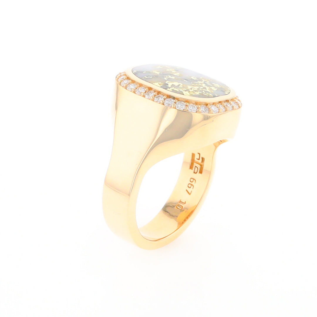 Gold Quartz Cushion Inlaid Men's Ring with Diamond Halo