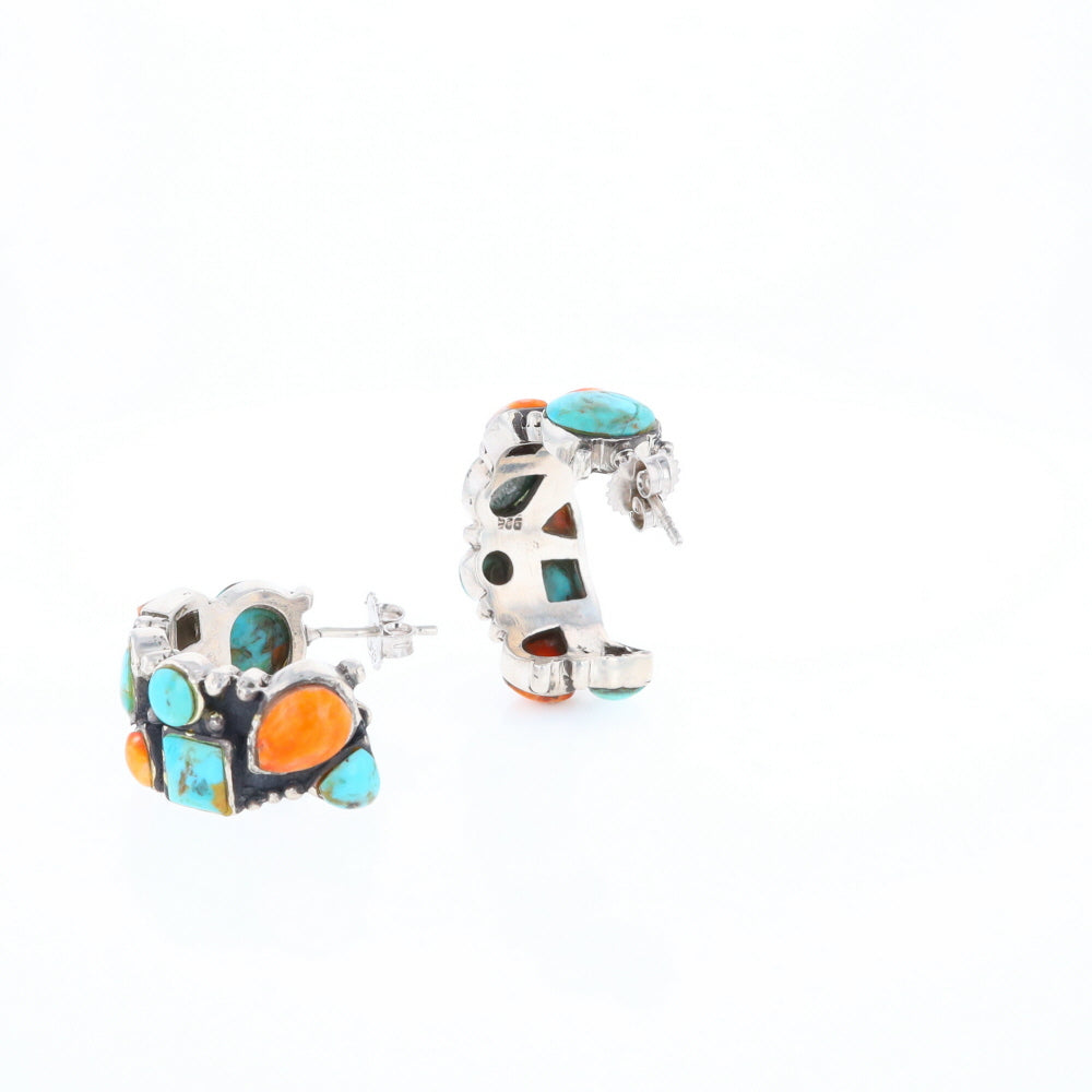 Turquoise & Spiny Oyster Semi-Hoop Stud Earrings