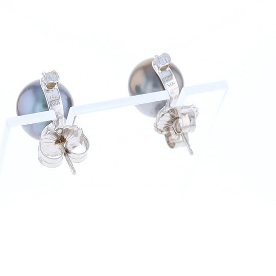 Cultured Gray Pearl Stud White Gold Earrings with Diamond Accent