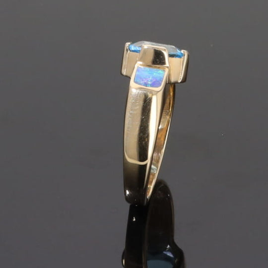 Opal Rings 2 Section Inlaid Design with Oval Swiss Blue Topaz Center