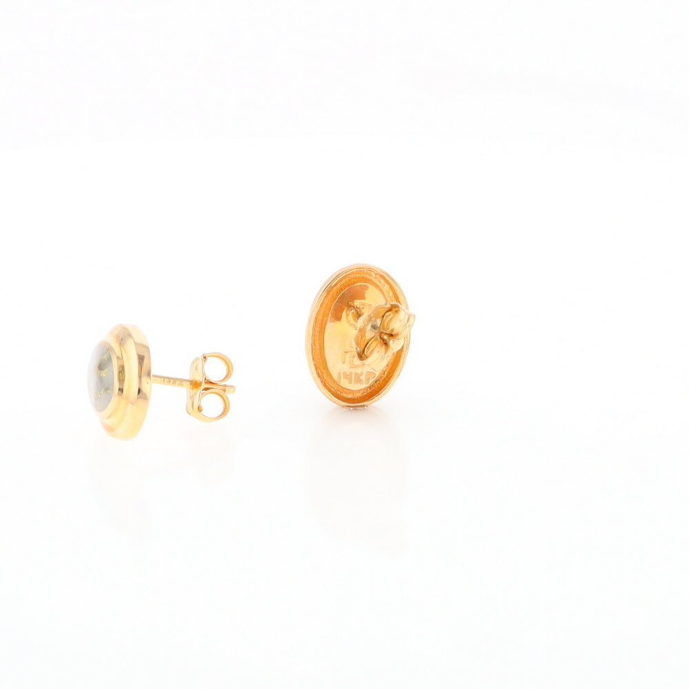 Gold Quartz Earrings Oval Inlaid Design Studs G2