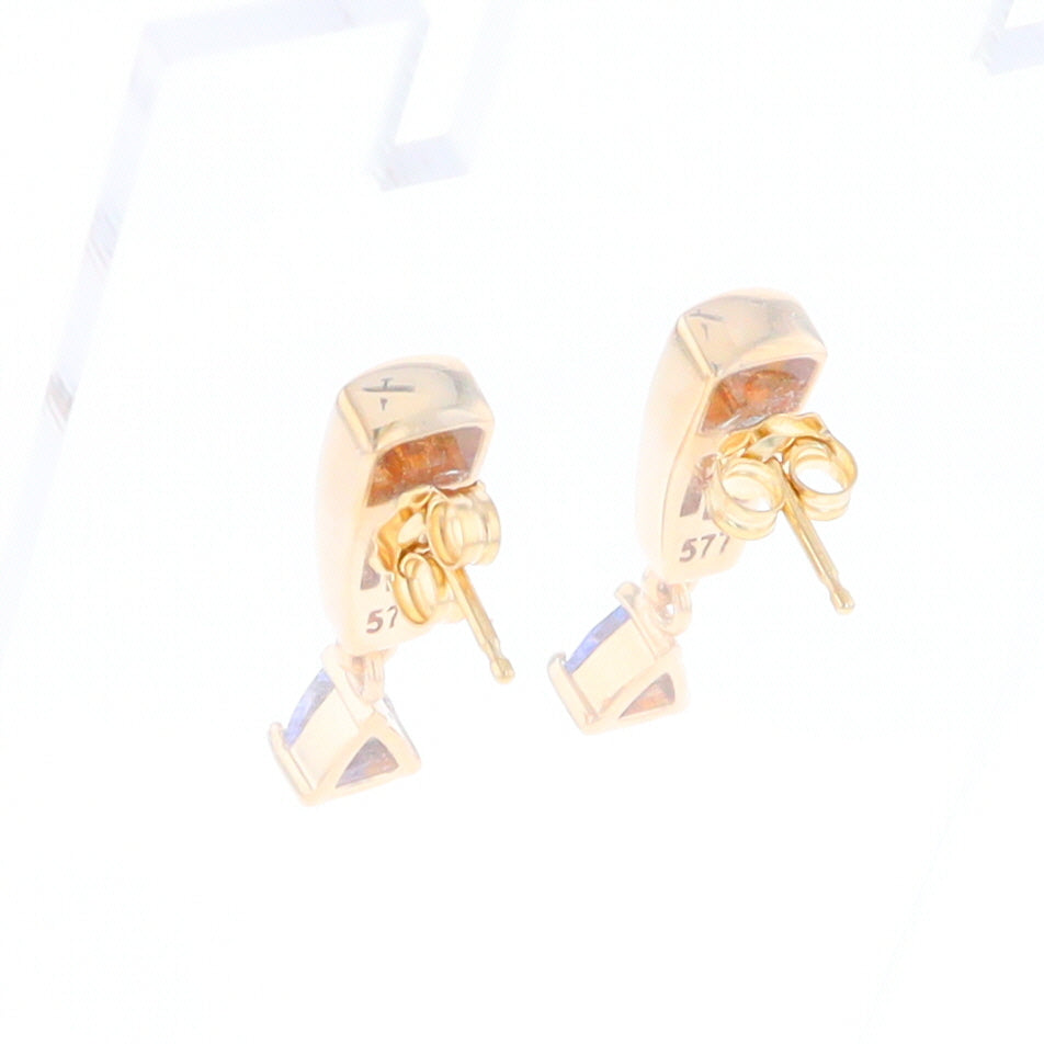 Gold Quartz Earrings Rectangle Inlaid Design with 0.11ct Diamonds & Trillion Cut Tanzanite