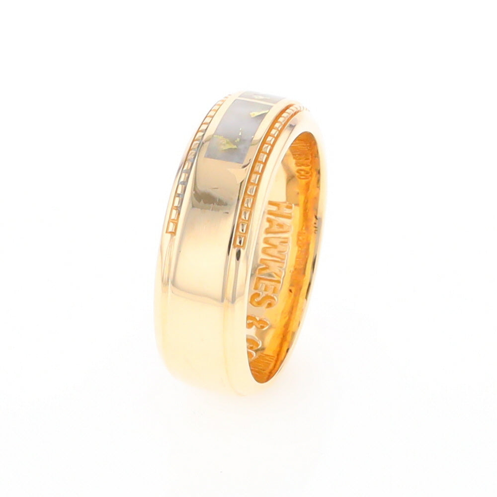 Gold Quartz Ring 3 Section Rectangle Inlaid Milgrain Border Band