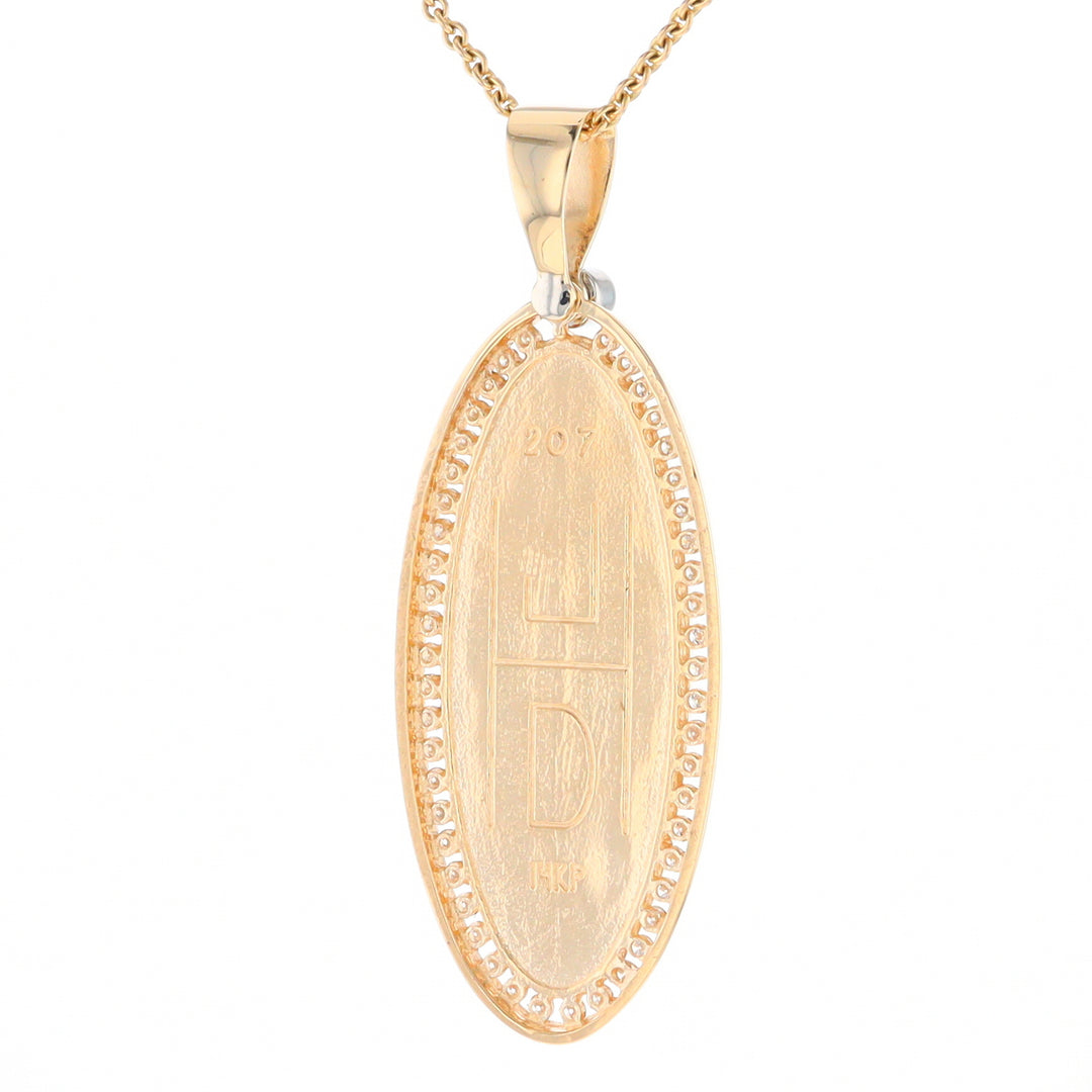 Gold Quartz Necklace 0.96ctw Halo Diamond Oval Inlaid Pendant