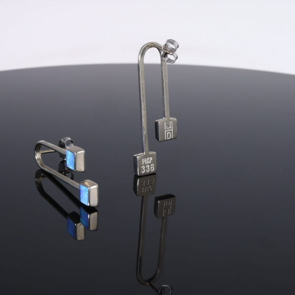 Opal Earrings Curved Bar Double Square Inlaid Ends Design Studs