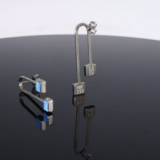 Opal Earrings Curved Bar Double Square Inlaid Ends Design Studs