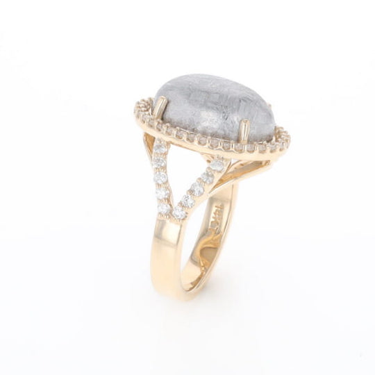 Meteorite Ring Oval Cabochon 0.65ctw Round Diamonds Halo
