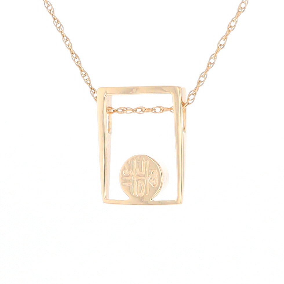 Gold Quartz Necklace Round Inlay Open Rectangle Design Pendant