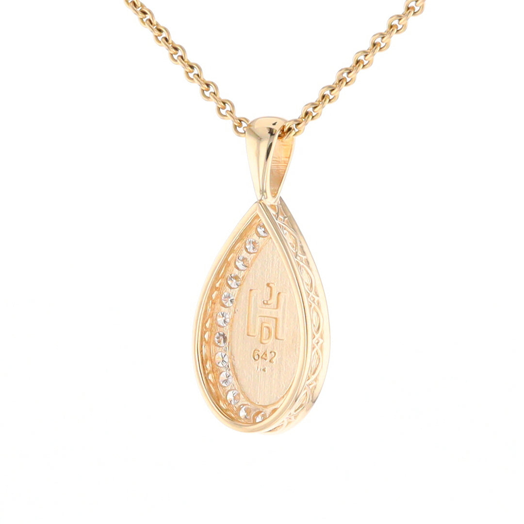 Gold Quartz Pendant Tear Drop Inlaid .42ctw Diamond Halo Design