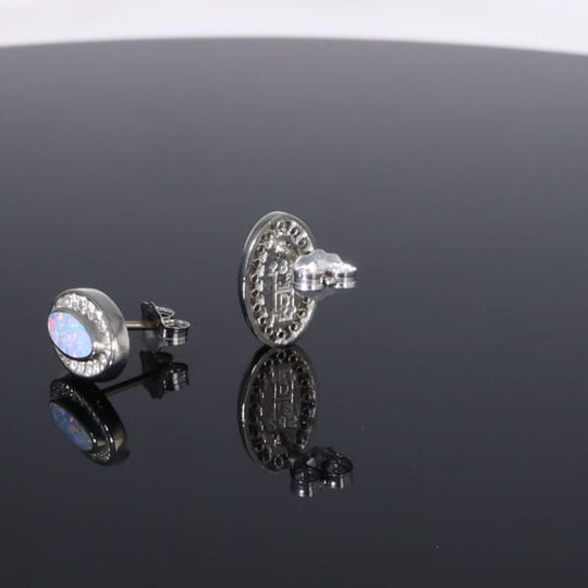 Opal Earrings Oval Inlaid with .25ctw Round Diamond Halo Studs