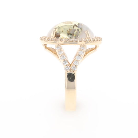 Gold Quartz Ring Oval Cabochon 0.65ctw Round Diamonds Halo