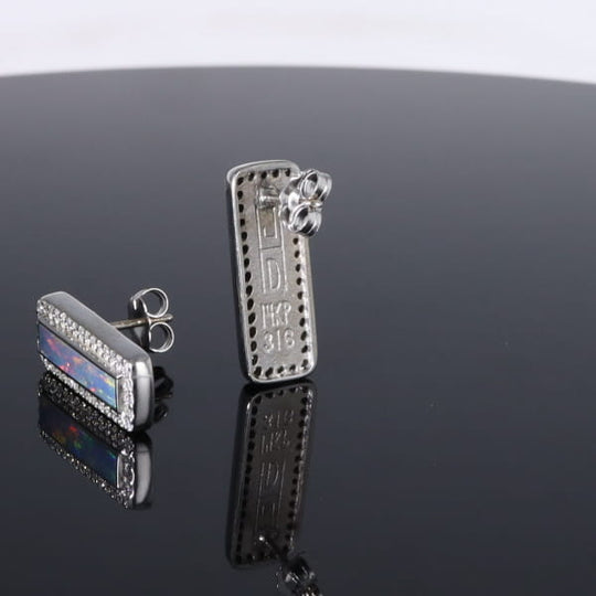 Opal Earrings Rectangle Inlaid with .50ctw Round Diamond Halo Studs