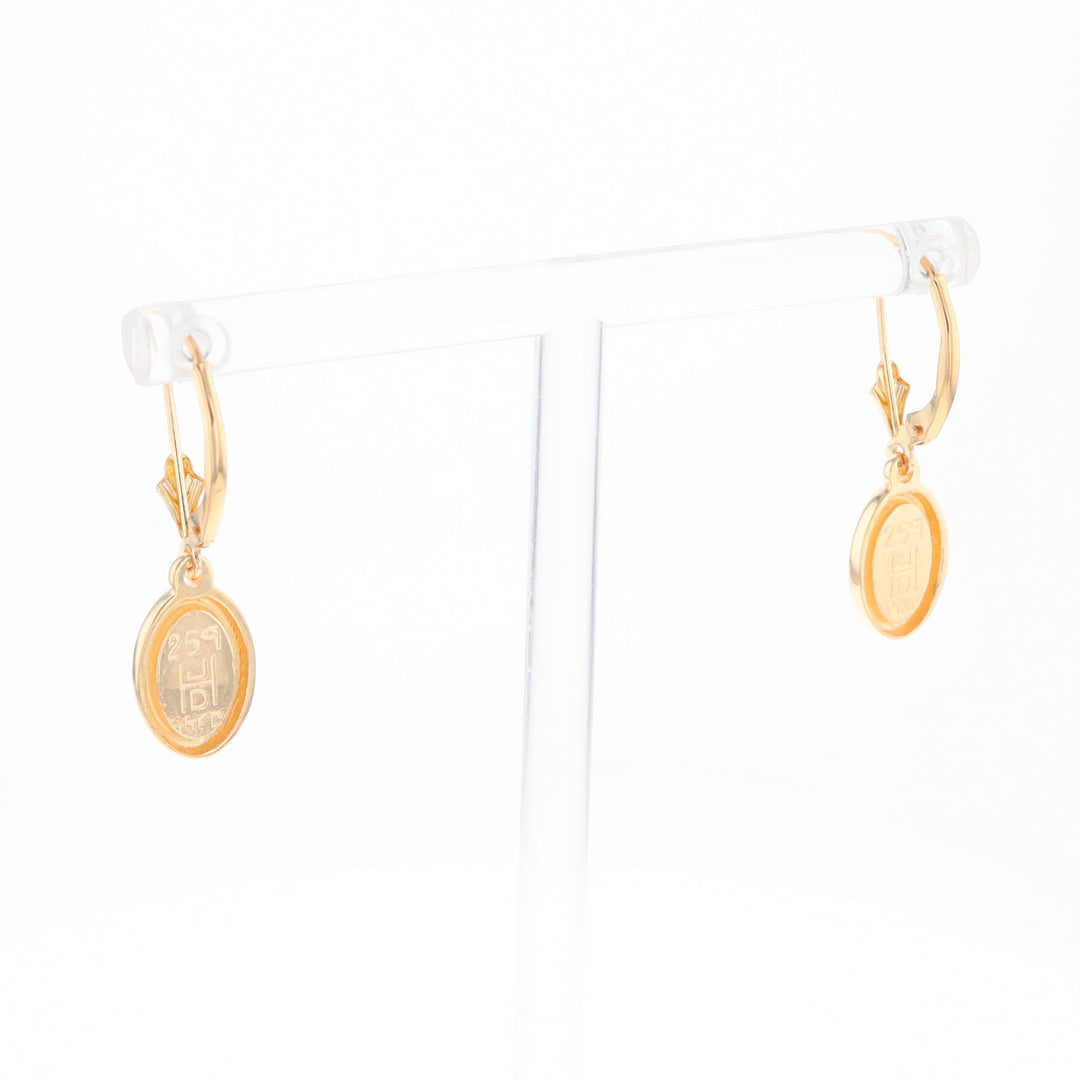 Gold Quartz Earrings Oval Inlaid Design Lever Backs - G2