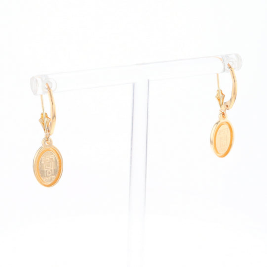 Gold Quartz Earrings Oval Inlaid Design Lever Backs - G2