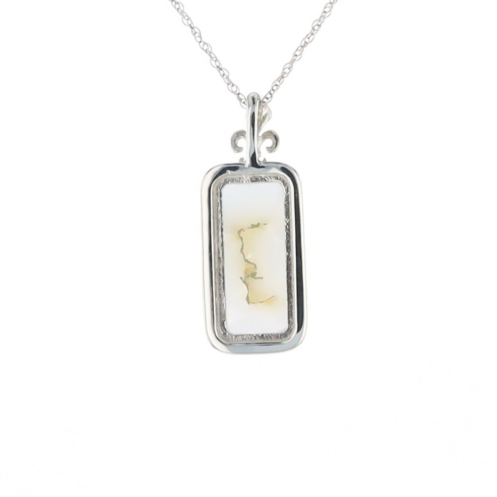 Gold Quartz Necklace, Rectangle Inlaid Fleur De Lis Design with .02ctw Diamond Pendant