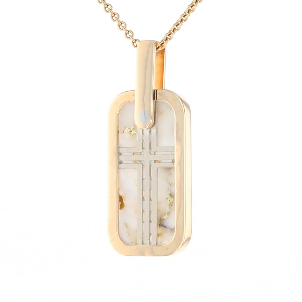 Gold Quartz Necklace Dog Tag Double Sided Inlaid Cross Pendant