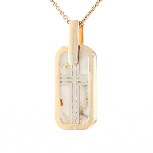 Gold Quartz Necklace Dog Tag Double Sided Inlaid Cross Pendant