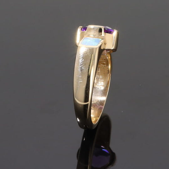 Opal Rings 2 Section Inlaid Design with Oval Amethyst Center
