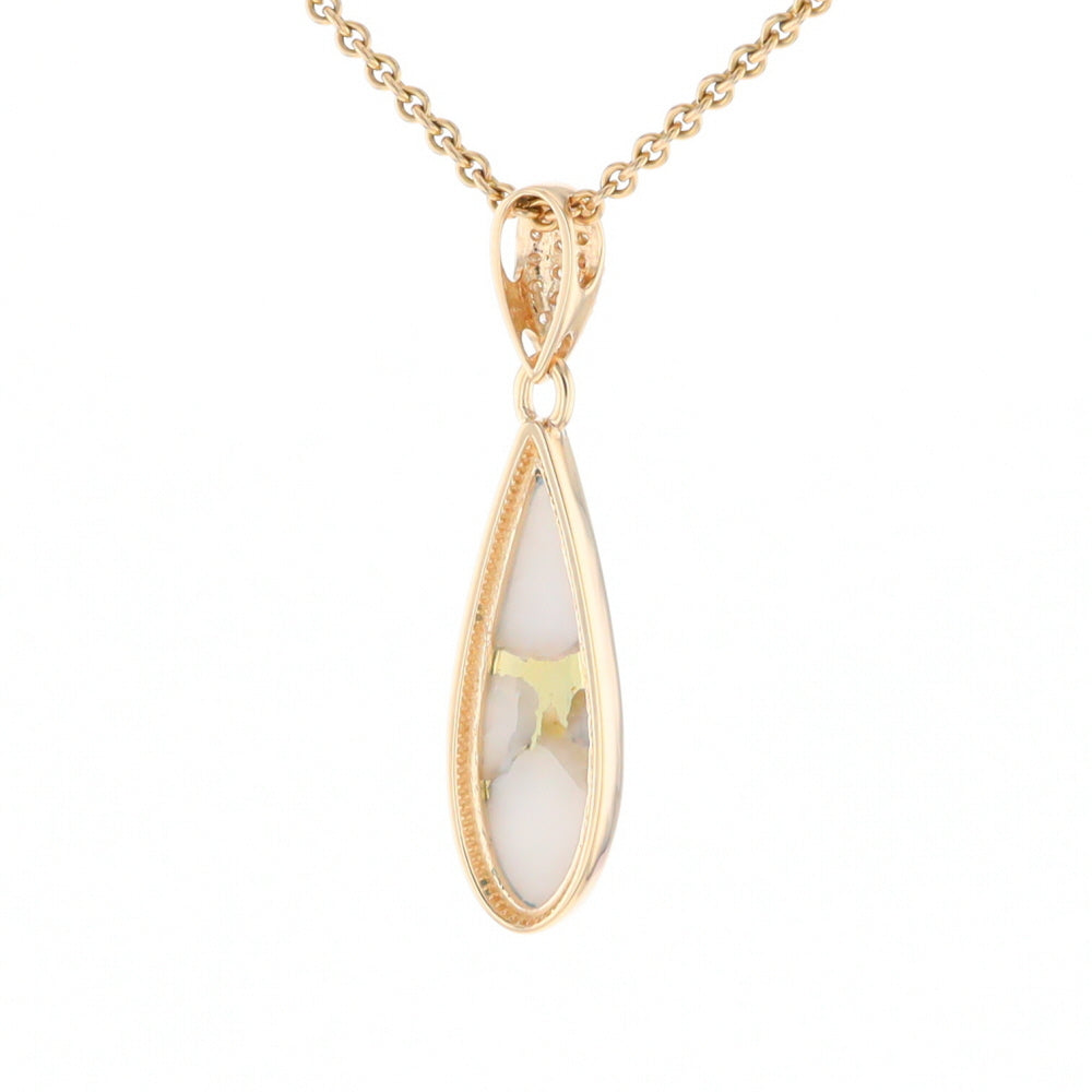 Gold Quartz Necklace, Tear Drop Inlaid Design with 0.11ctw Diamond Pave Pendant G2