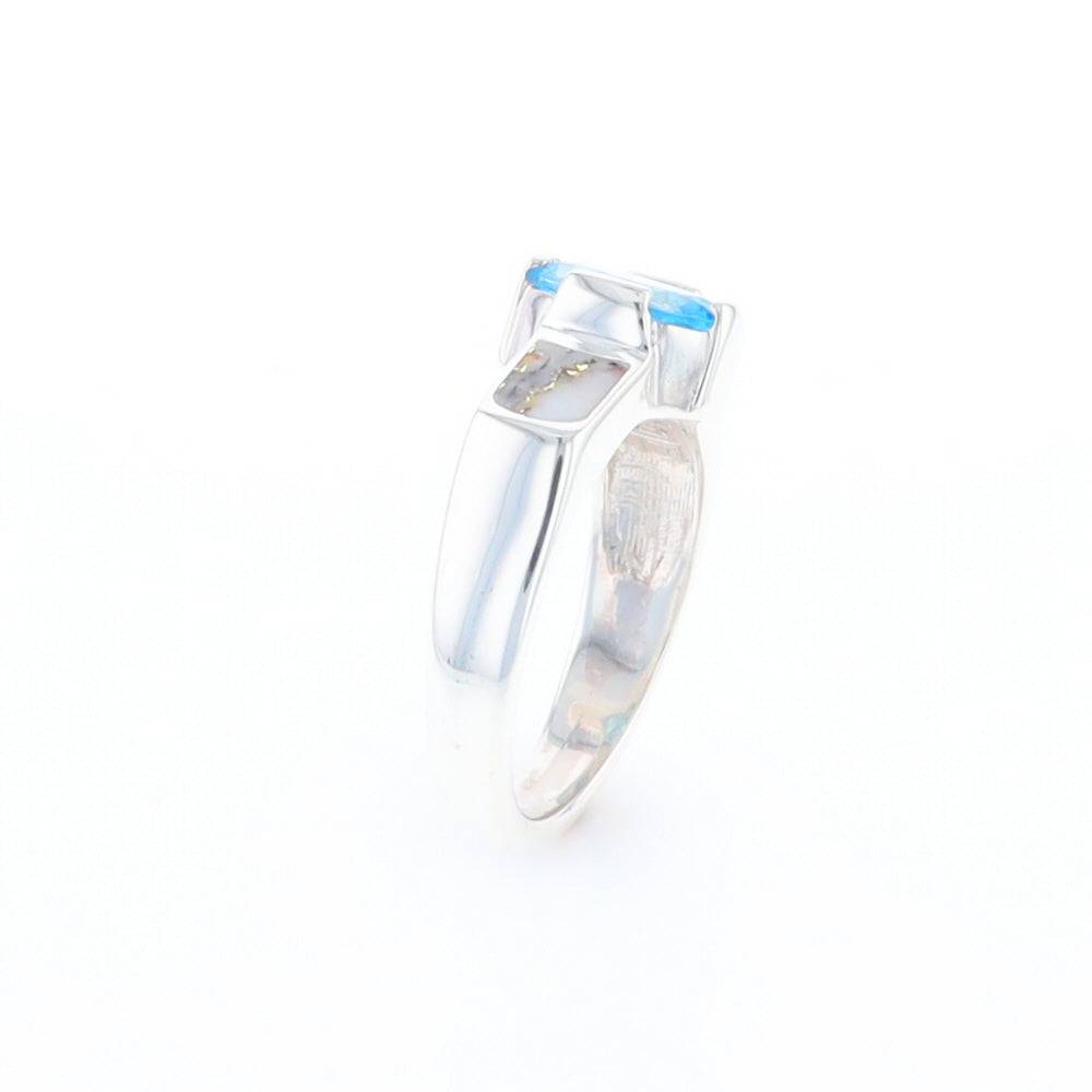 Sterling Silver Gold Quartz Inlaid Oval Blue Topaz Ring - G3