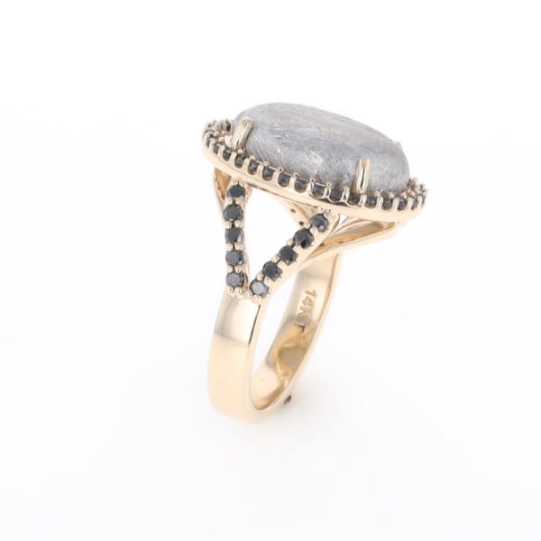 Meteorite Ring Oval Cabochon 0.65ctw Round Black Diamonds Halo