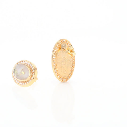 Gold Quartz Earrings Oval Inlaid Design .73ctw Round Diamonds Halo