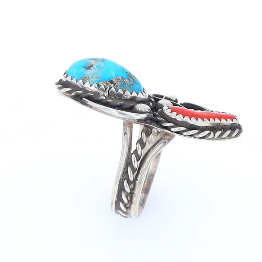 Freeform Turquoise and Coral Silver Rope Ring