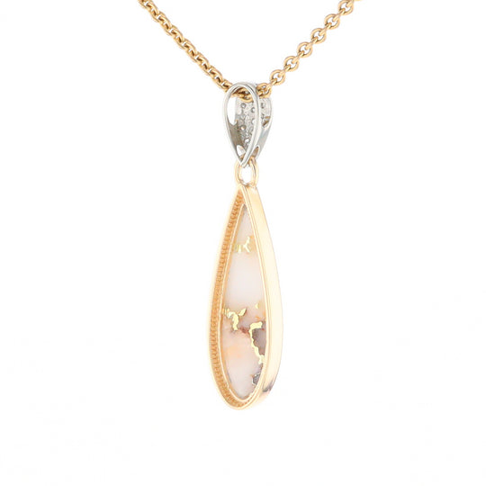 Gold Quartz Necklace, Tear Drop Inlaid Design with .11ctw Diamond Pave Pendant