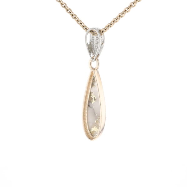 Gold Quartz Necklace Tear Drop Inlaid Pendant with .11ctw Diamonds