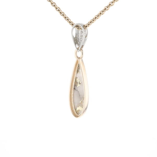 Gold Quartz Necklace Tear Drop Inlaid Pendant with .11ctw Diamonds
