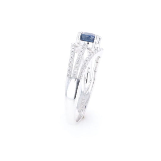 Blue Sapphire Triple Shank Ring With Accent Diamonds