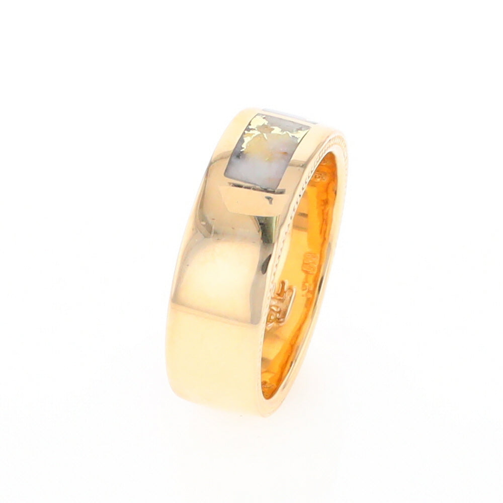 Gold Quartz Ring 3 Section Rectangle Inlaid Band with Milgrain Design