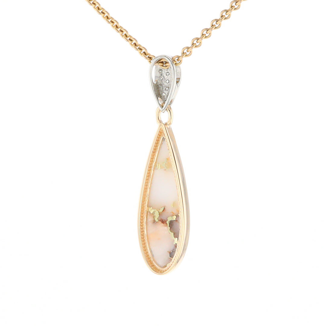 Gold Quartz Necklace, Tear Drop Inlaid Design with .11ctw Diamond Pave Pendant