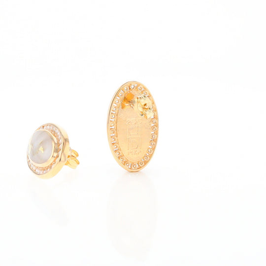 Gold Quartz Earrings Oval Inlaid Design .73ctw Round Diamonds Halo