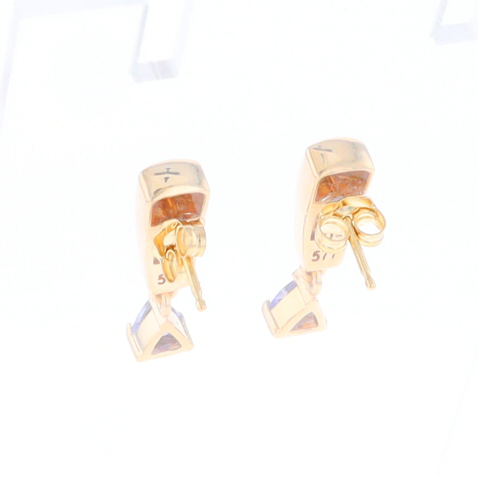 Gold Quartz Earrings Rectangle Inlaid Design with 0.11ct Diamonds & Trillion Cut Tanzanite