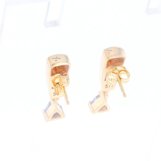 Gold Quartz Earrings Rectangle Inlaid Design with 0.11ct Diamonds & Trillion Cut Tanzanite