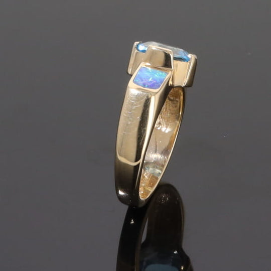 Opal Rings 2 Section Inlaid Design with Oval Swiss Blue Topaz Center