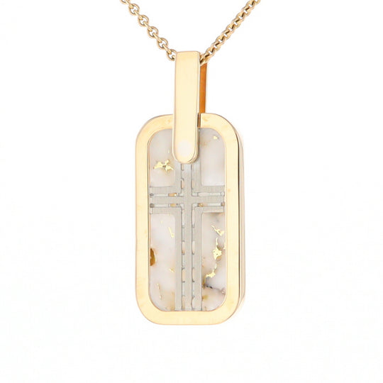 Gold Quartz Necklace Dog Tag Double Sided Inlaid Cross Pendant