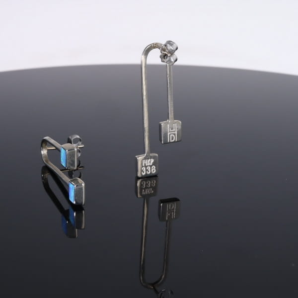 Opal Earrings Curved Bar Double Square Inlaid Ends Design Studs
