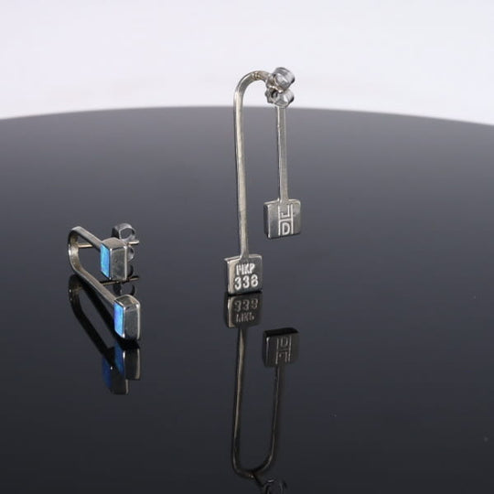Opal Earrings Curved Bar Double Square Inlaid Ends Design Studs