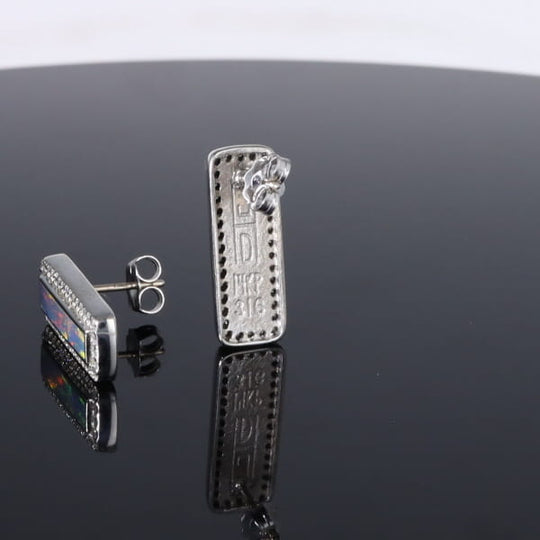 Opal Earrings Rectangle Inlaid with .50ctw Round Diamond Halo Studs