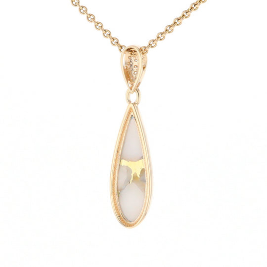 Gold Quartz Necklace, Tear Drop Inlaid Design with 0.11ctw Diamond Pave Pendant G2