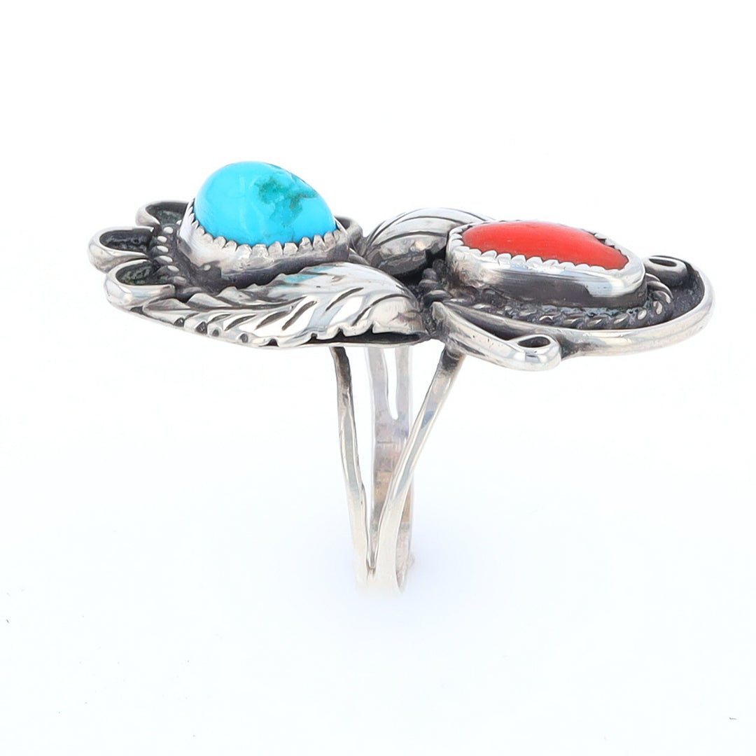Freeform Turquoise and Coral Sterling Silver Double Leaf Ring