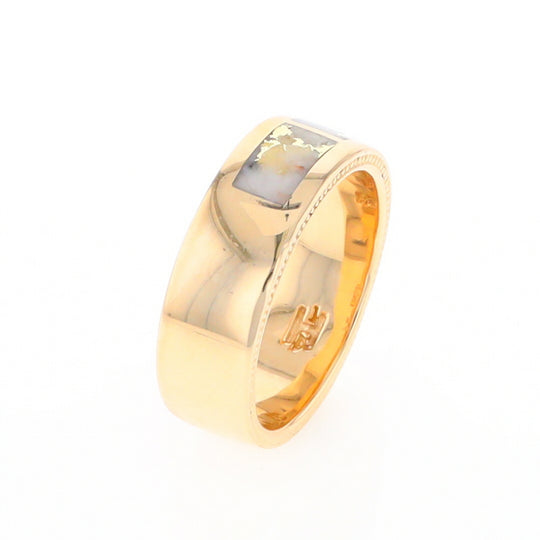 Gold Quartz Ring 3 Section Rectangle Inlaid Band with Milgrain Design