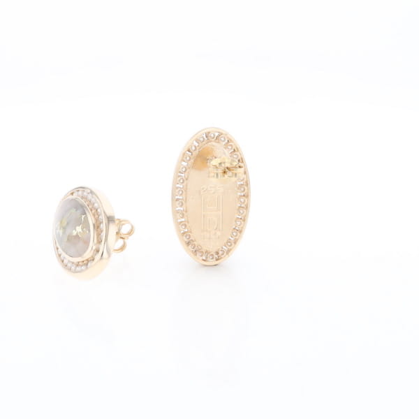 Gold Quartz Earrings Oval Inlaid Design .73ctw Round Diamonds Halo G2