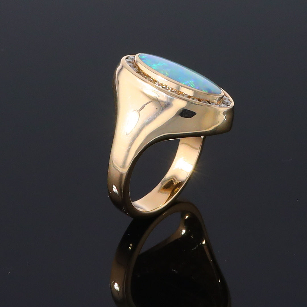 Opal Rings Oval Inlaid Design with .36ctw Round Diamonds Halo